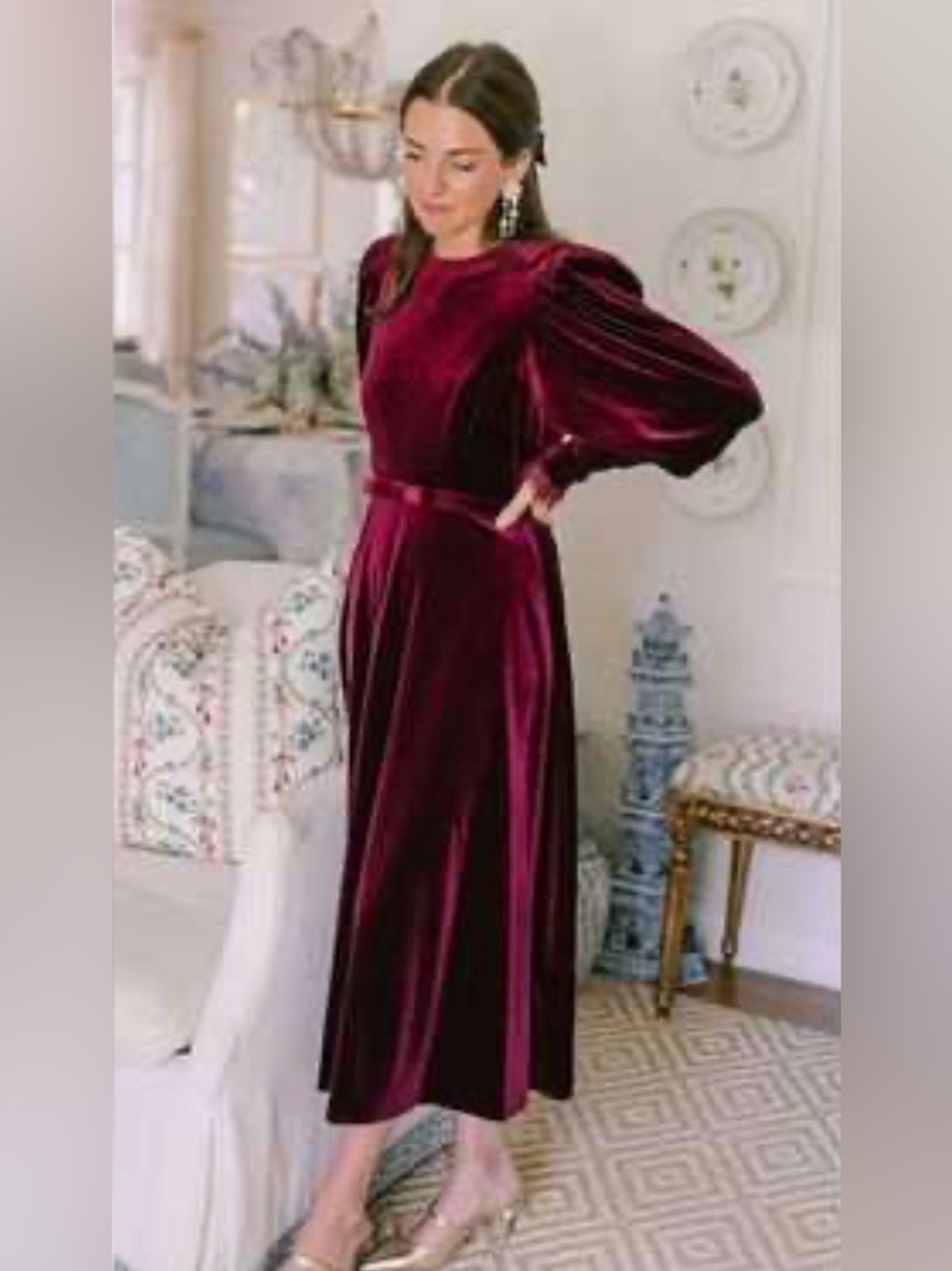 Antonio Melani Burgundy Velvet Midi Dress Sz 4 Bow Belt Lace Trim